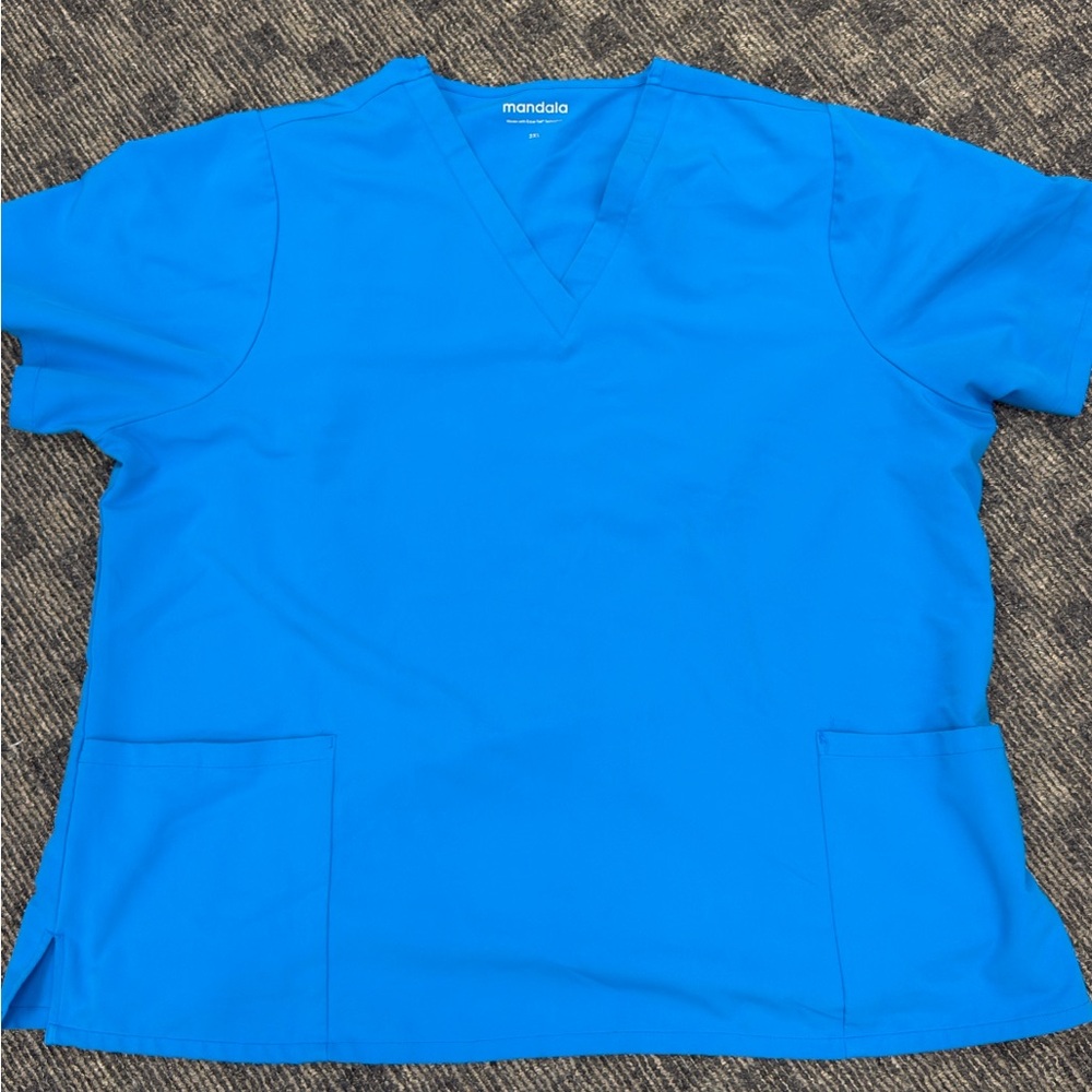 Mandala Teal Blue Scrub Top 3x‎